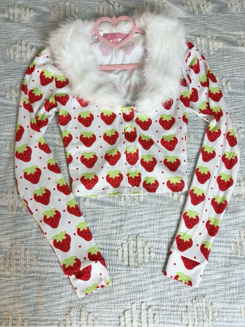 Dolls Kill x Strawberry Shortcake Print Detachable Fur Trim Button Down Cardigan